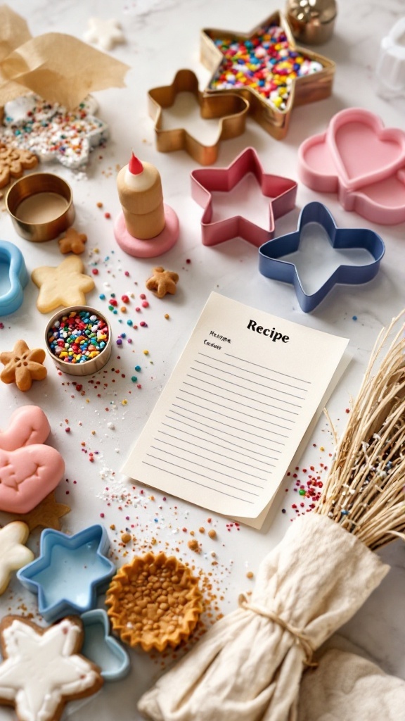 A collection of baking supplies for Easter treats, including cookie cutters, sprinkles, and a recipe card.