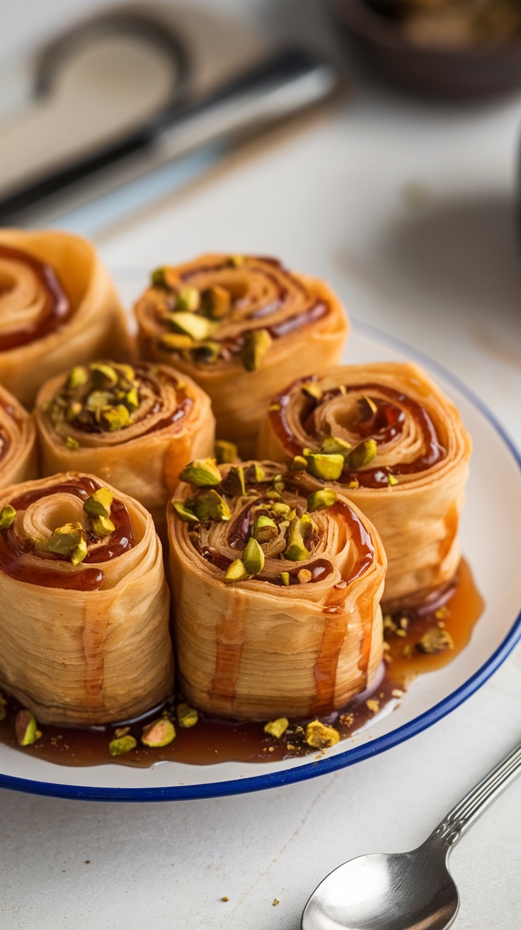 Delicious baklava rolls drizzled with honey syrup and topped with pistachios.