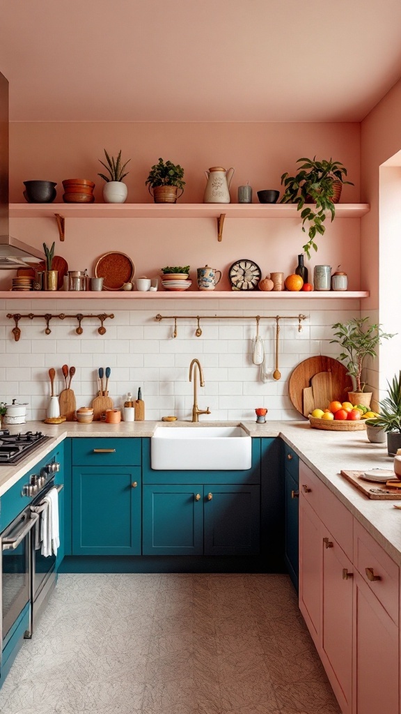 A colorful maximalist kitchen featuring teal and pink cabinets, open shelving with plants and dishware, and a farmhouse sink.