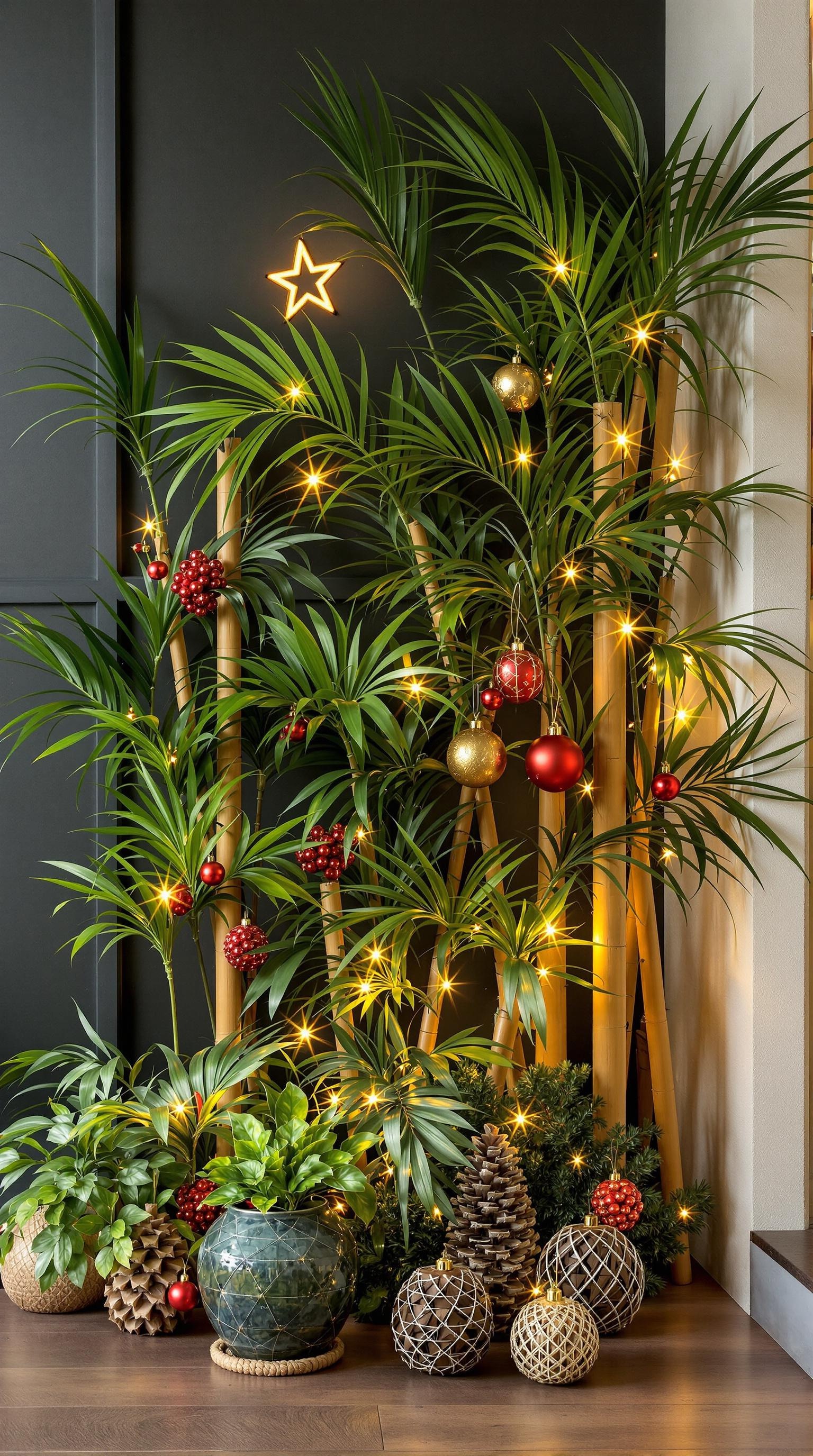 Stylish bamboo Christmas decor featuring festive ornaments and lights.