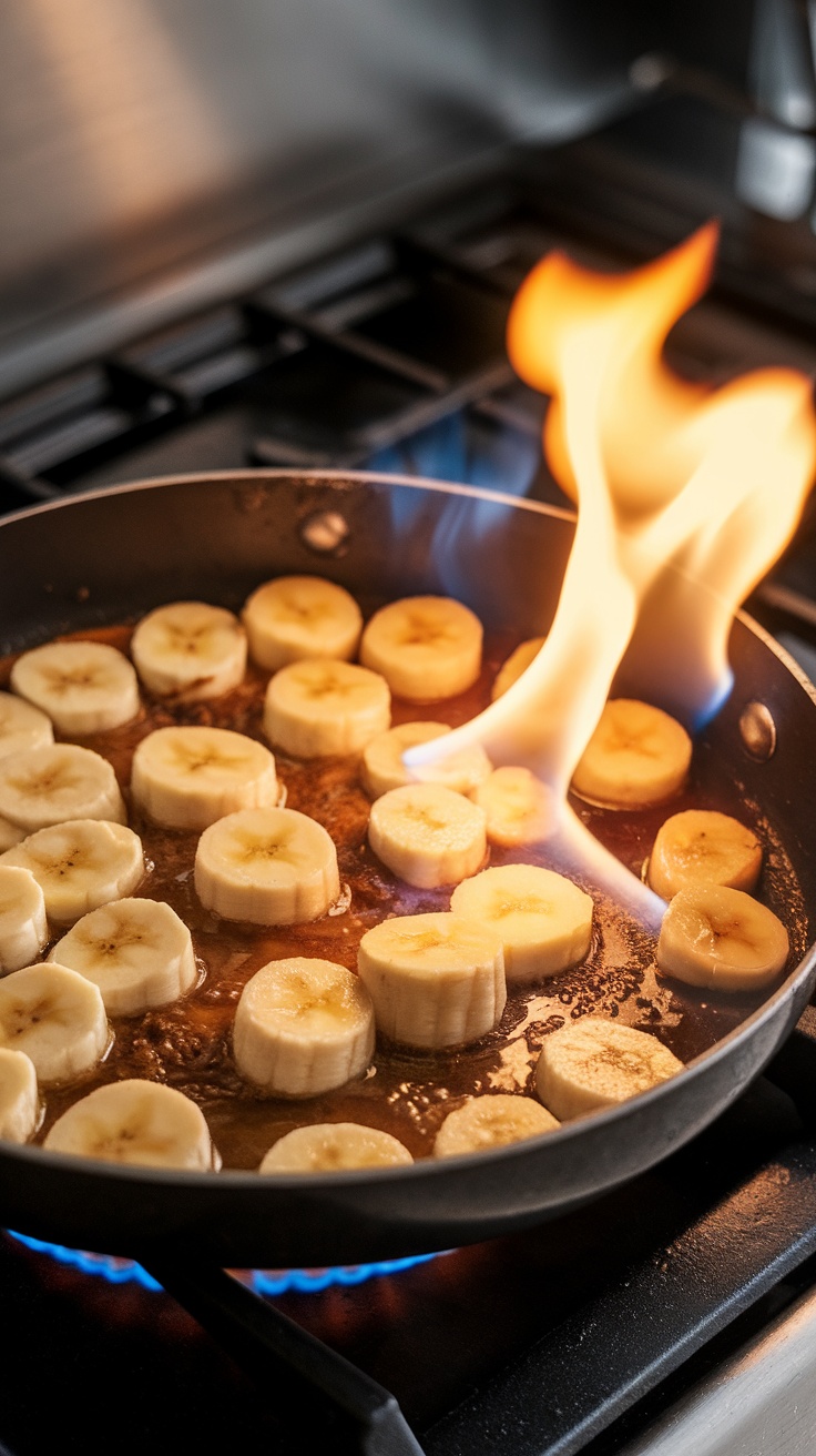 Delicious Banana Foster dessert with rum sauce and sliced bananas