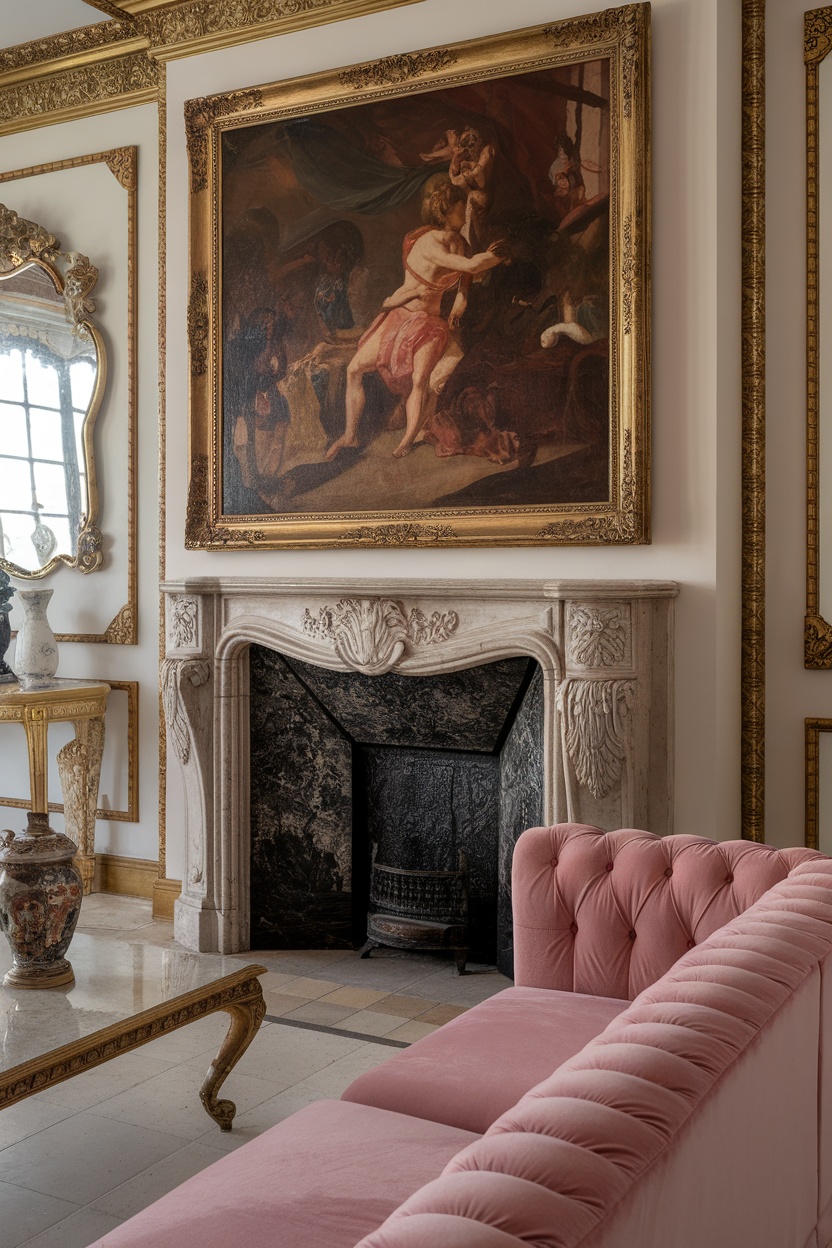 An elegantly decorated living room featuring Baroque-inspired artwork above a fireplace, with a pink sofa and ornate details