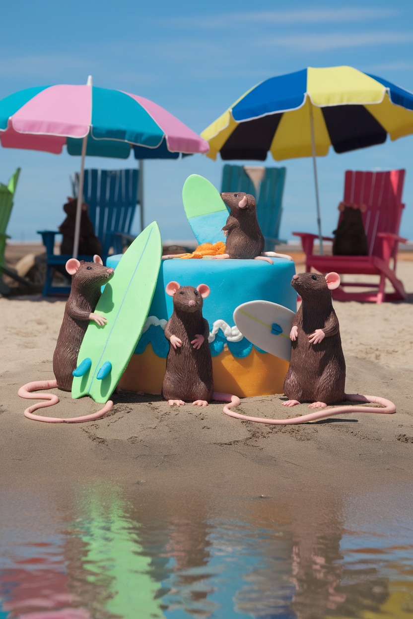 A colorful beach-themed cake featuring playful rat figurines with surfboards, set on a sandy beach.