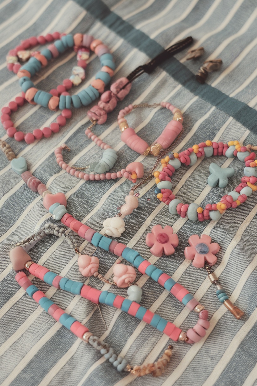 A collection of colorful beaded accessories laid out on a striped fabric