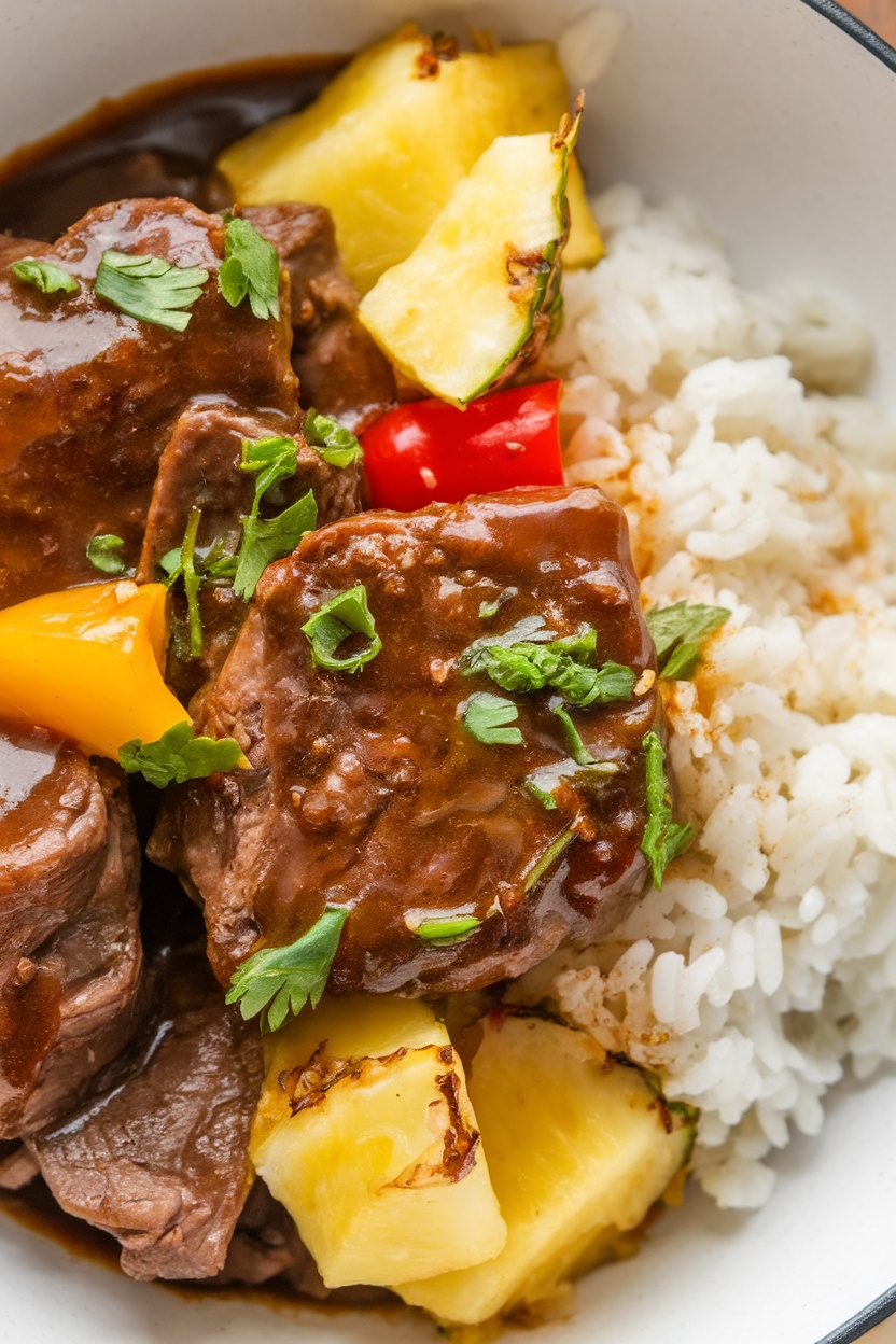 A bowl of Beef Adobo with Pineapple served with rice and garnished with cilantro.