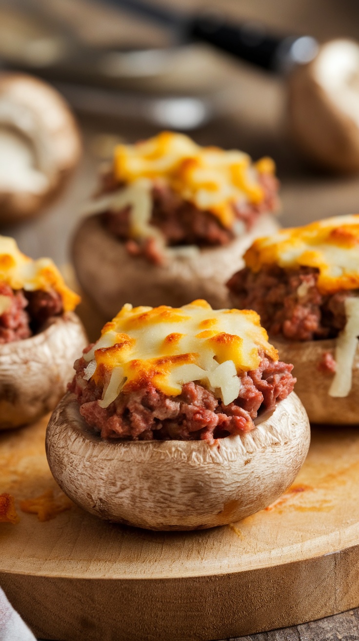 Delicious beef and cheese stuffed mushrooms on a wooden platter.