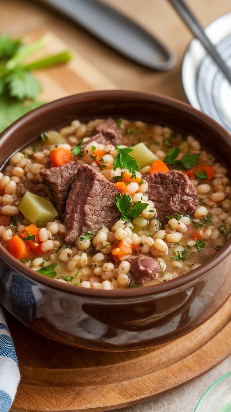 A hearty bowl of beef barley soup with vegetables and herbs.