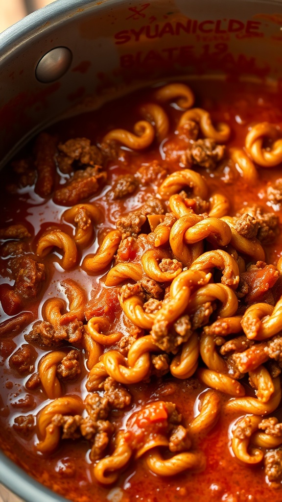 A pot of rich Beef Bolognese sauce simmering, ready to be served with pasta.