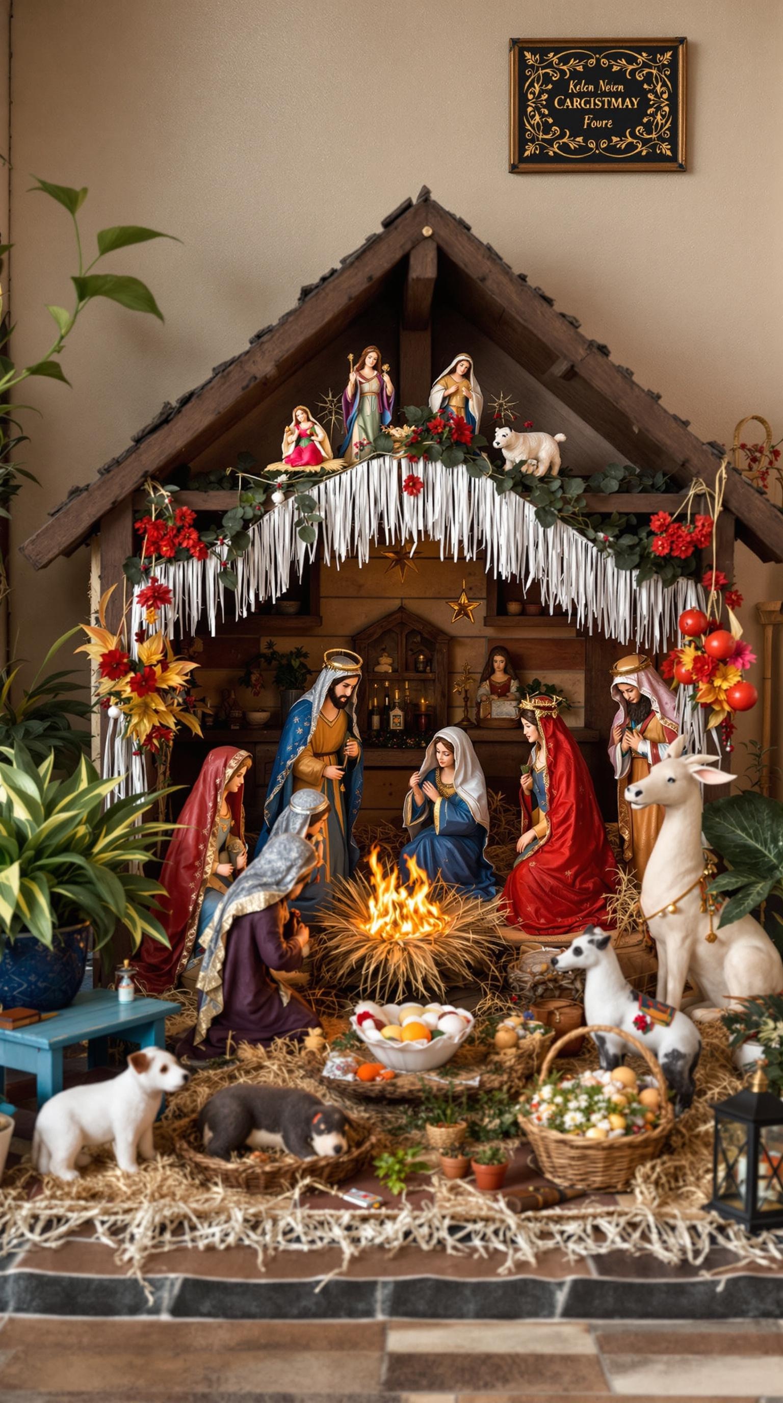 A traditional Belen display with a nativity scene, surrounded by animals and festive decorations.