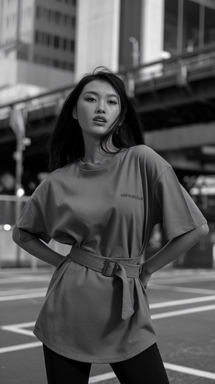 Model wearing a belted t-shirt in a city setting, showcasing structured streetwear style.