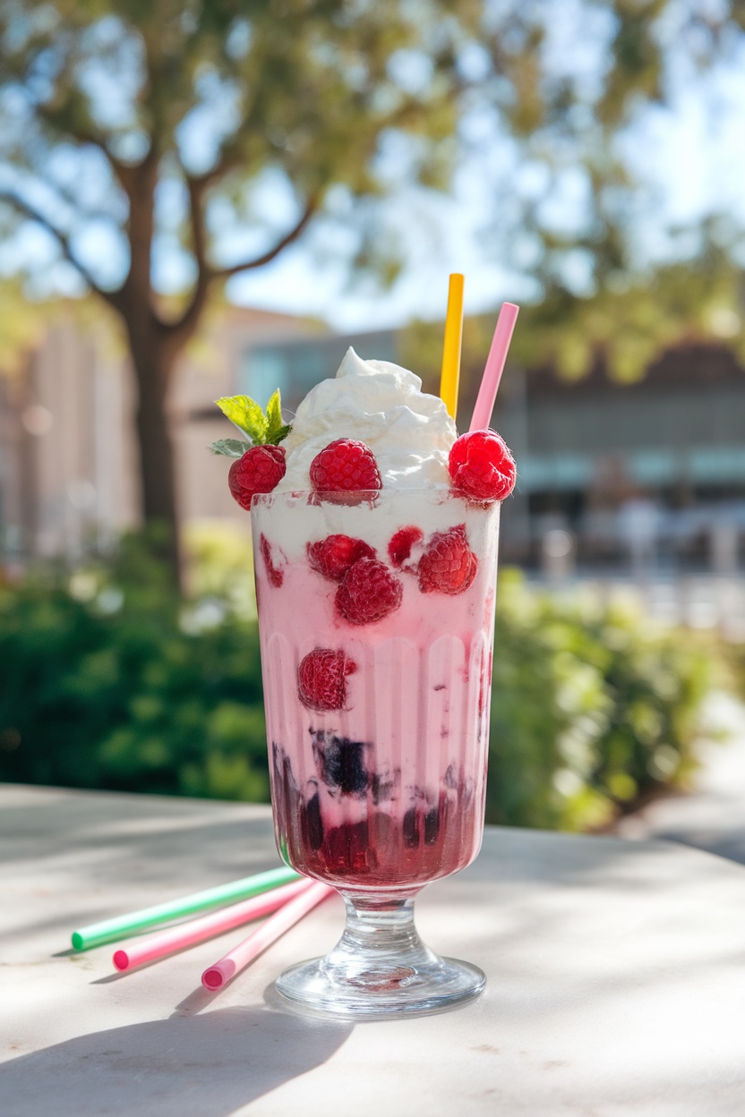 A refreshing Berry Bliss Float topped with whipped cream and fresh raspberries