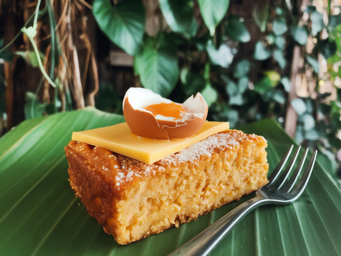 A slice of bibingka topped with cheese and a salted egg, placed on a banana leaf.