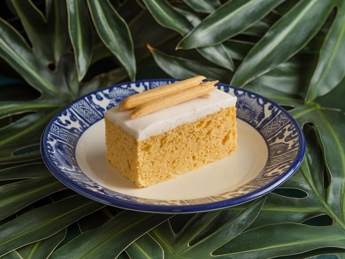 A slice of Biko, a sweet sticky rice dessert, on a decorative plate surrounded by green leaves.