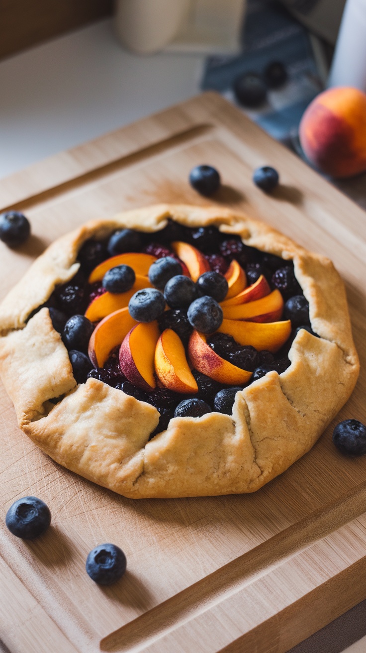 A rustic Blueberry Peach Galette topped with fresh fruit.