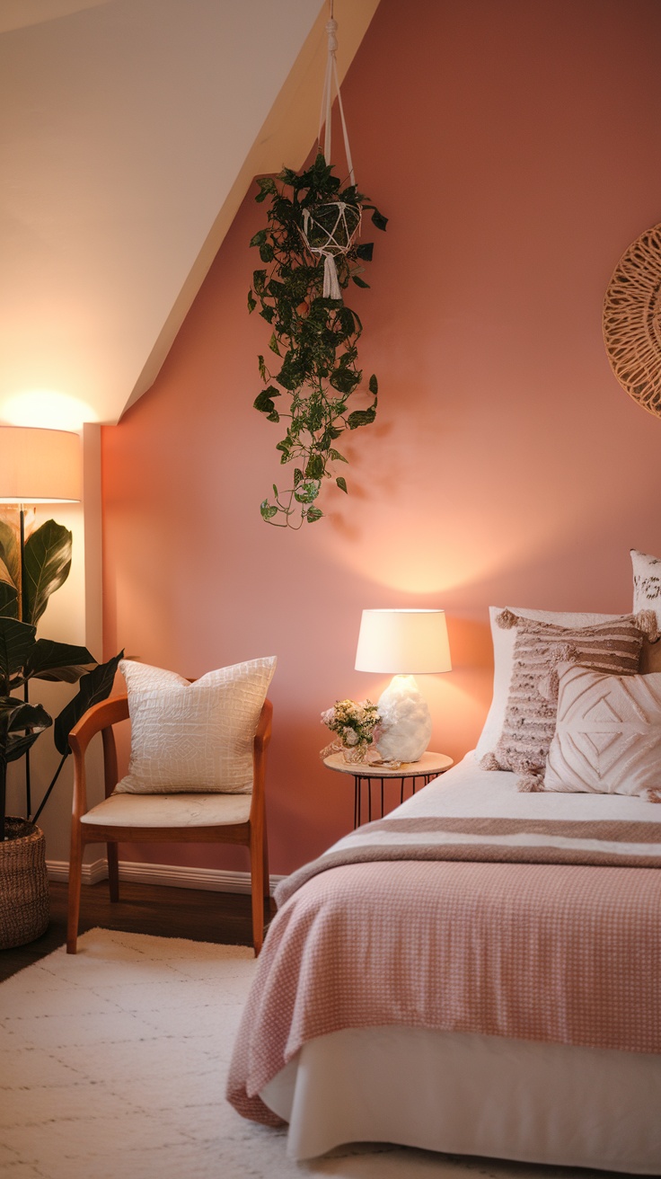 Cozy bedroom with a blush pink accent wall, featuring soft lighting and decorative pillows.