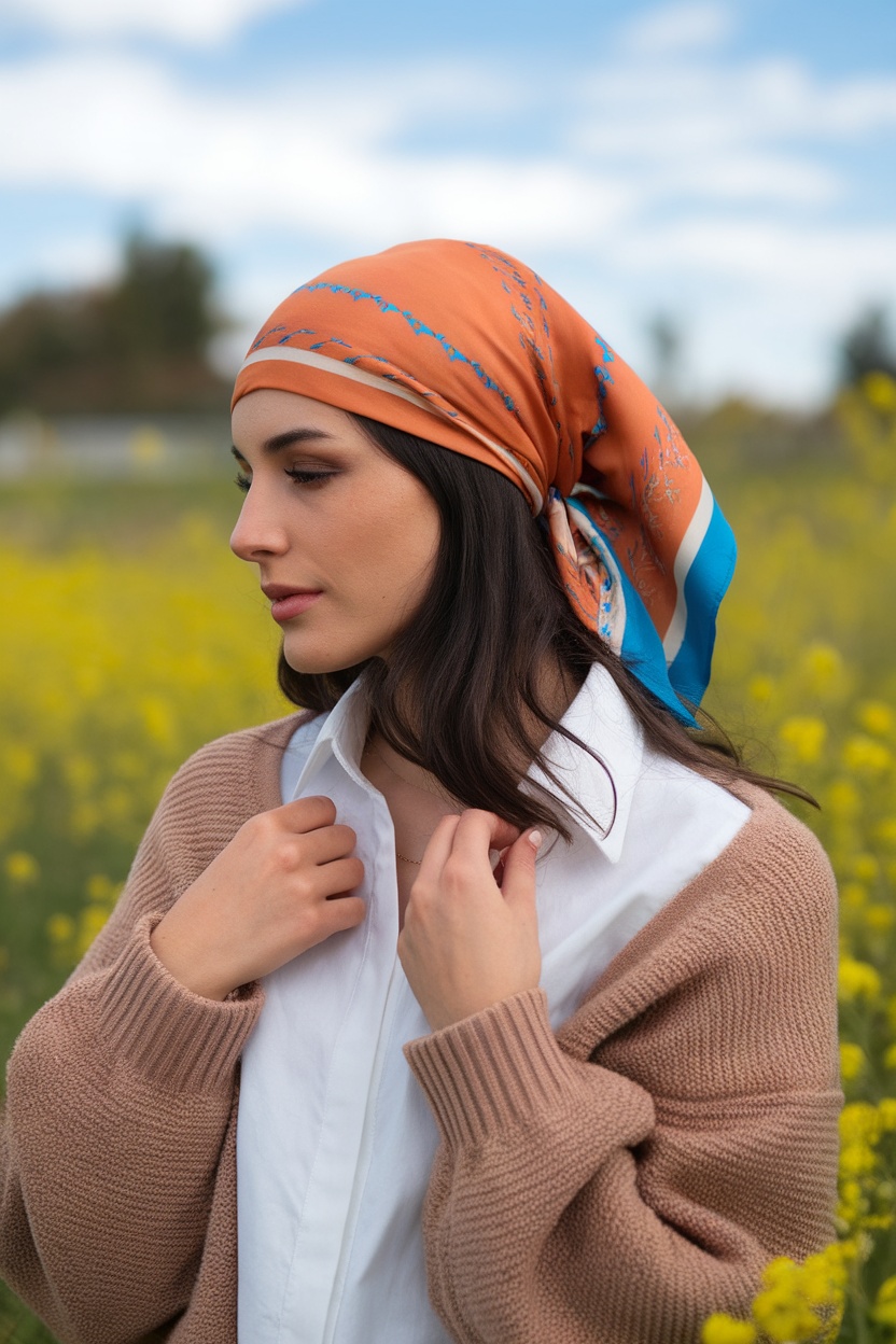 A woman wearing a scarf tied around her head in a field of flowers.