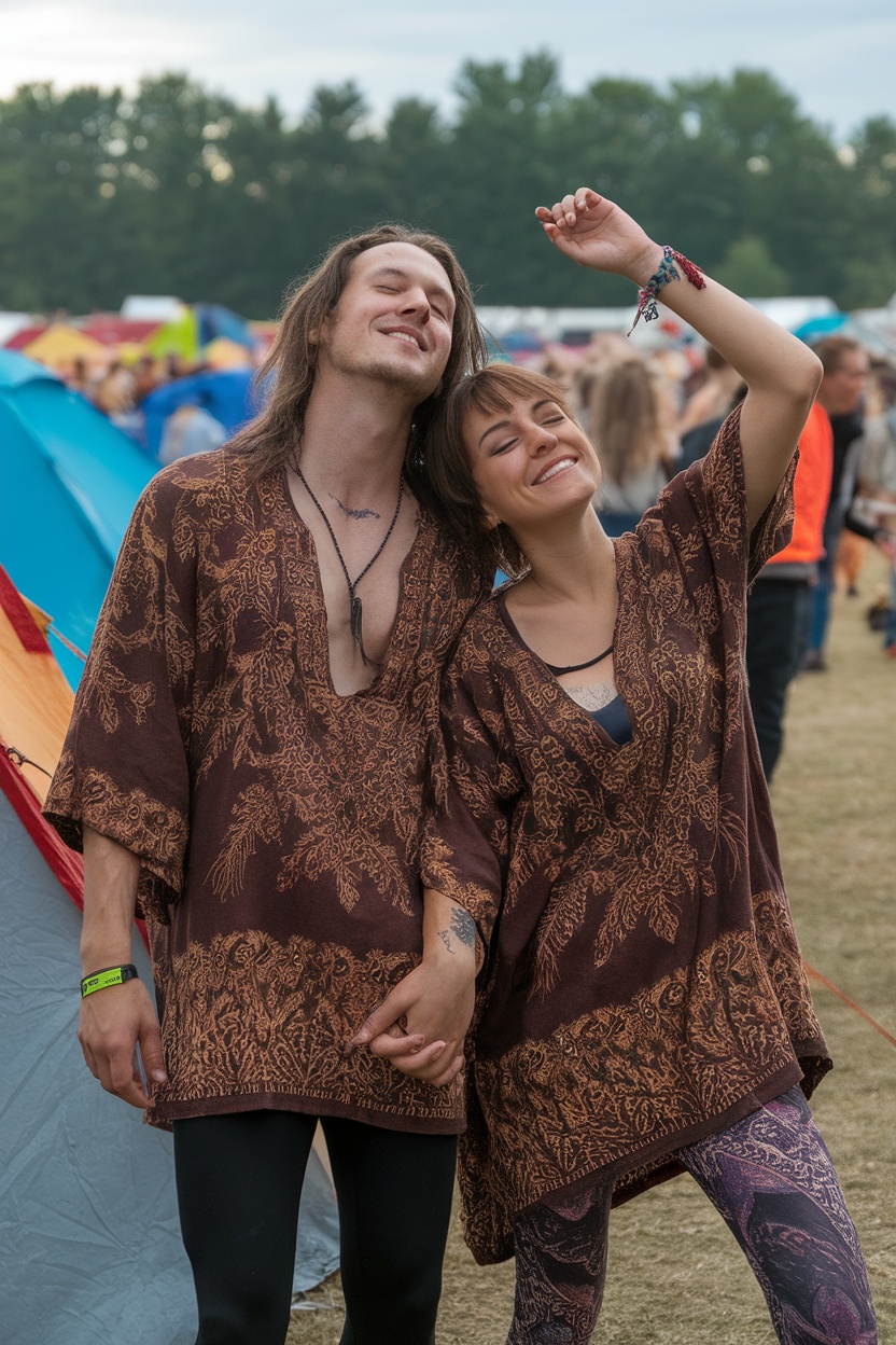 A happy couple wearing matching bohemian tunics and leggings, enjoying a festival atmosphere.