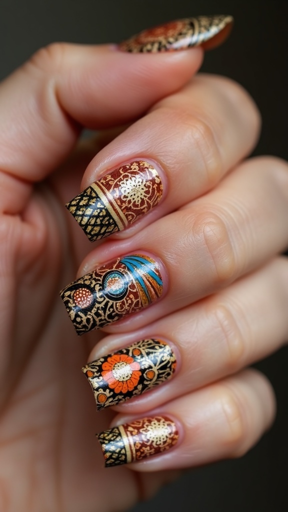 Nail art featuring intricate designs inspired by bohemian textiles with bold colors and patterns.