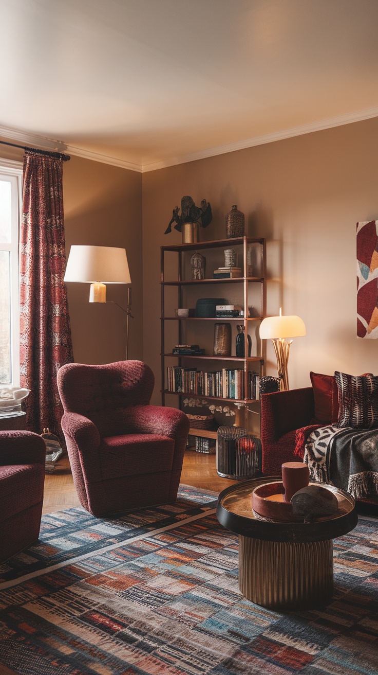 A cozy living room featuring dark cherry red chairs, a patterned rug, and eclectic decor, creating a warm Bohemian atmosphere.