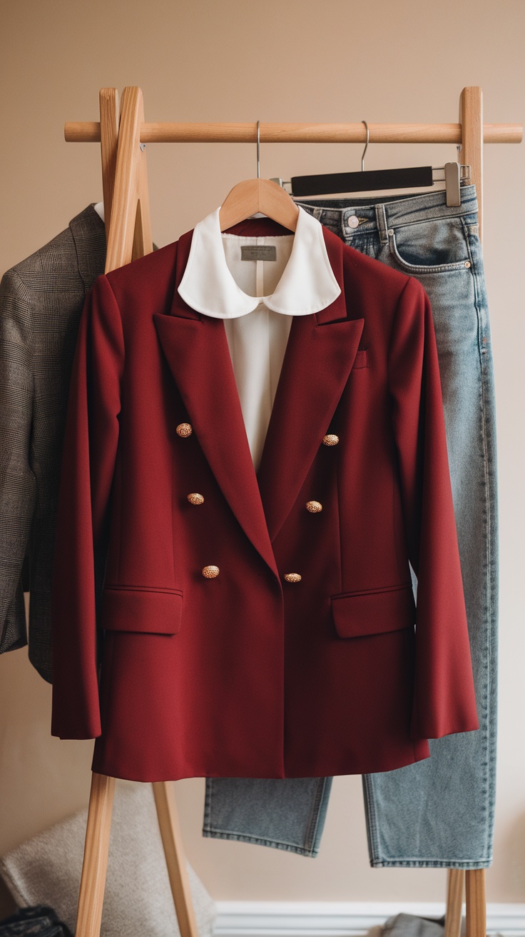 A bold cherry red blazer with a white collared shirt hanging on a clothing rack, alongside a pair of jeans.