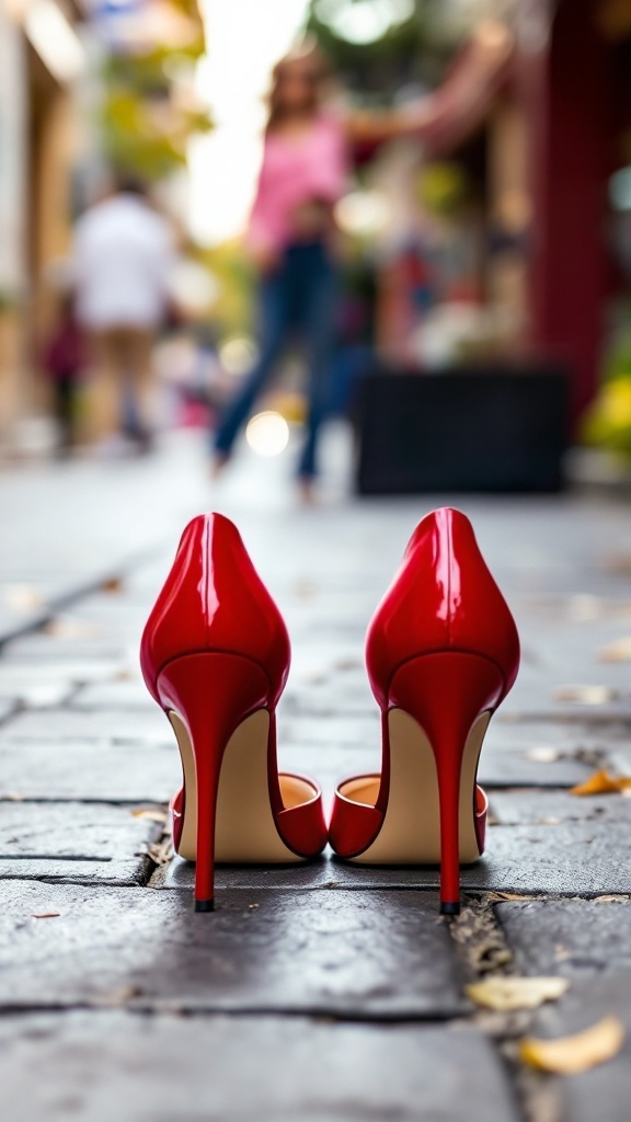 A pair of cherry red high heels on a cobblestone street with a blurred background.