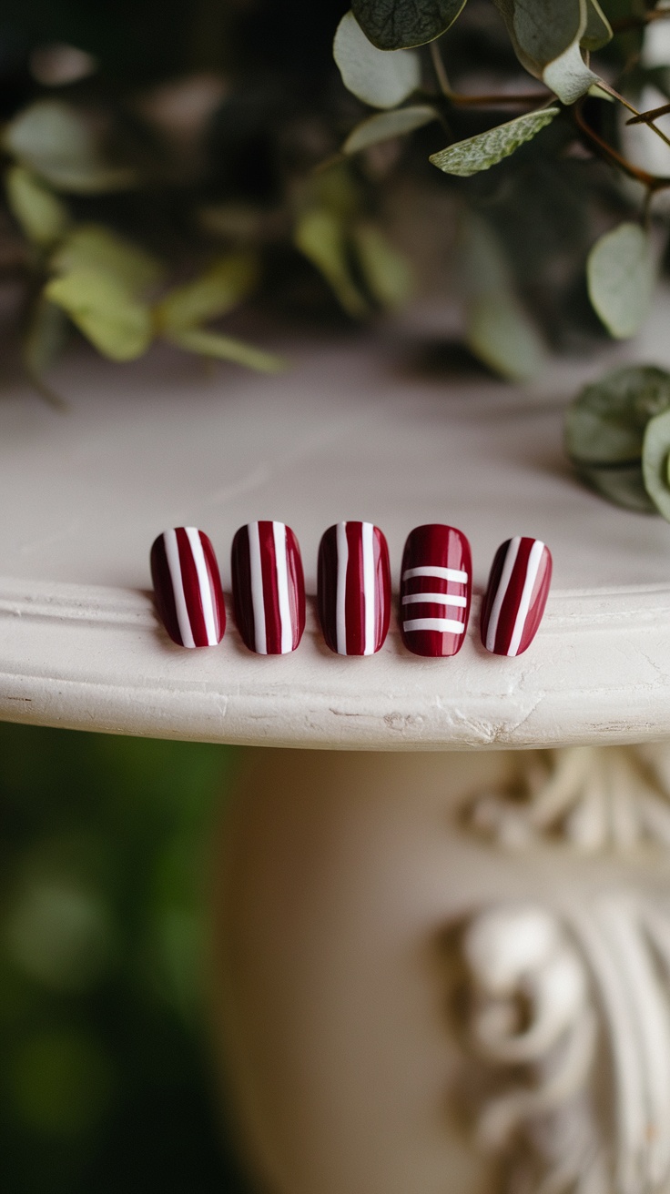 Five nails painted in bold cherry red with varying white striped designs.