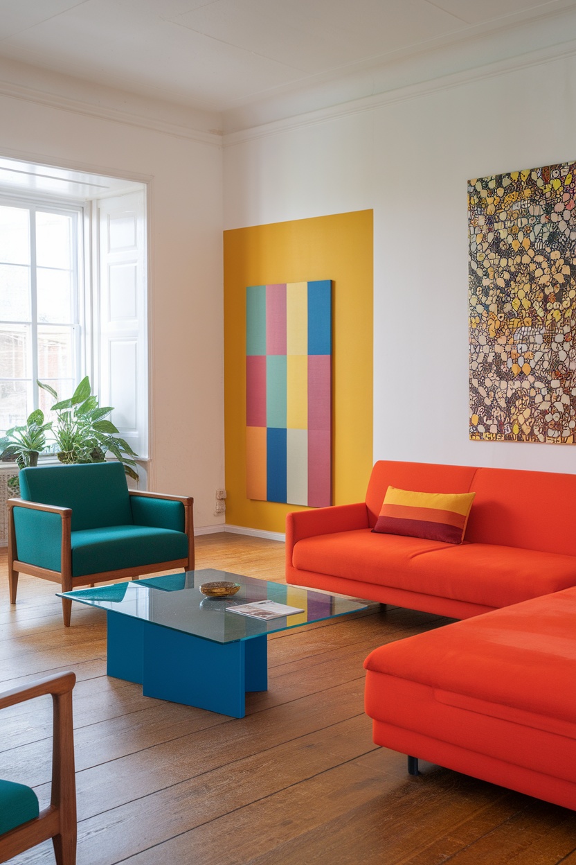 A living room featuring bold color-block accents with orange and teal furniture, colorful wall art, and a glass table.