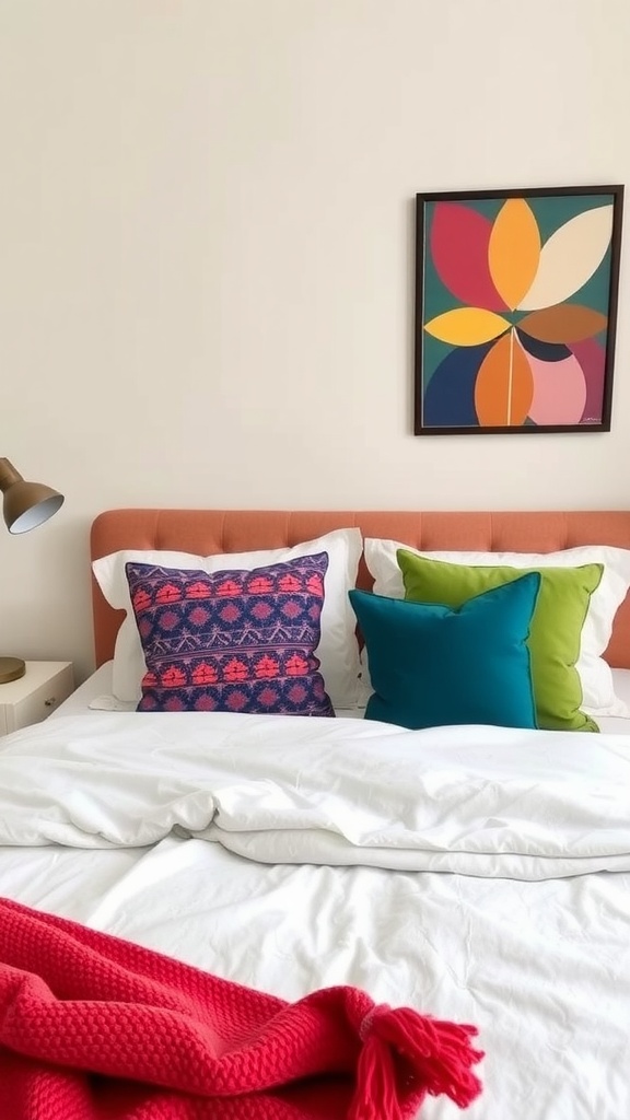 A cozy bedroom featuring a coral headboard, colorful accent pillows, and vibrant wall art.