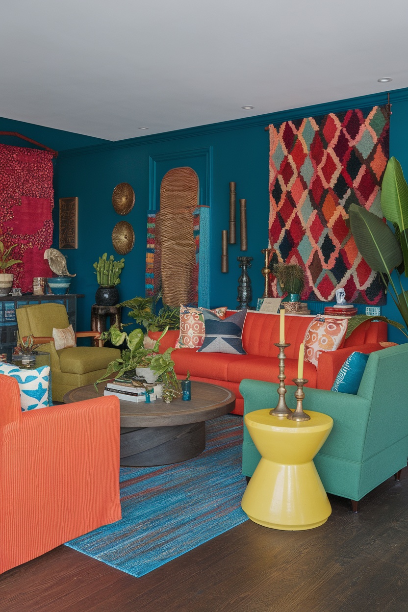 A colorful living room featuring bold furniture, blue walls, and various decor items.