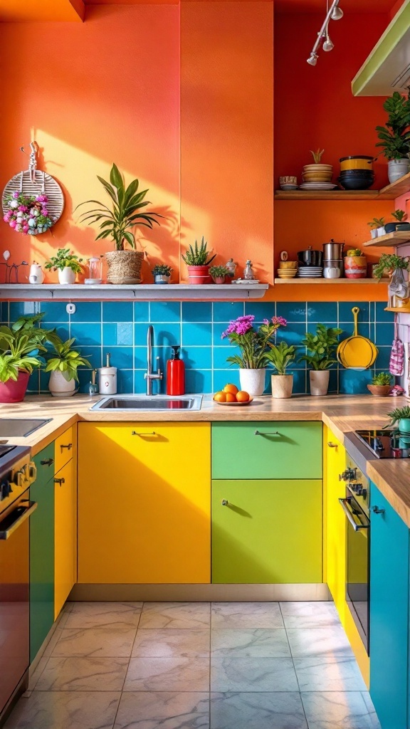 A vibrant kitchen featuring bold color palettes with orange walls, colorful cabinetry, and plants.