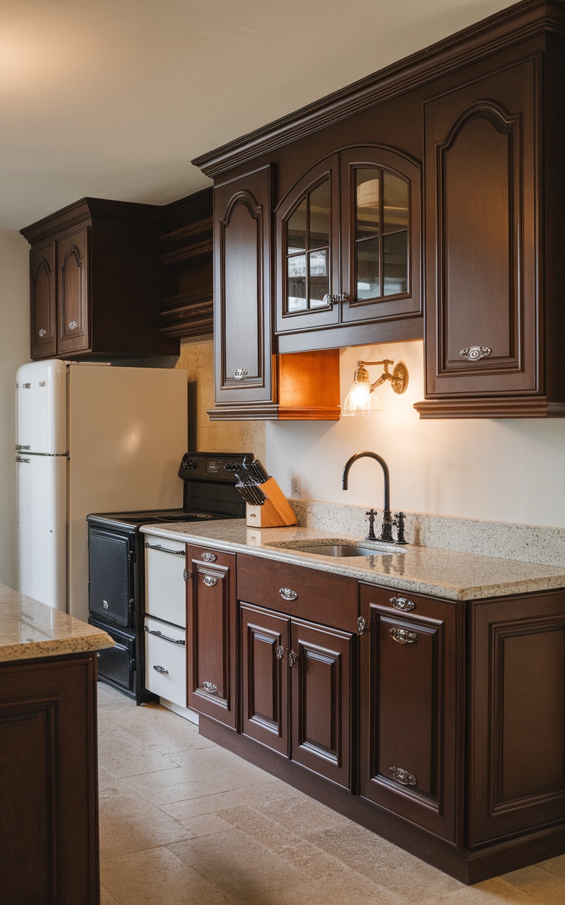 A kitchen featuring dark cherry cabinets, granite countertops, and modern appliances.