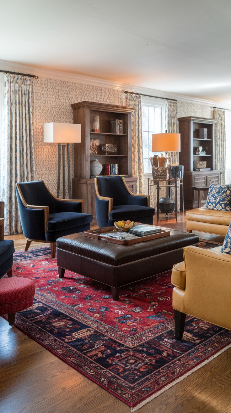 Living room featuring a dark cherry red rug, navy blue chairs, and a leather ottoman.