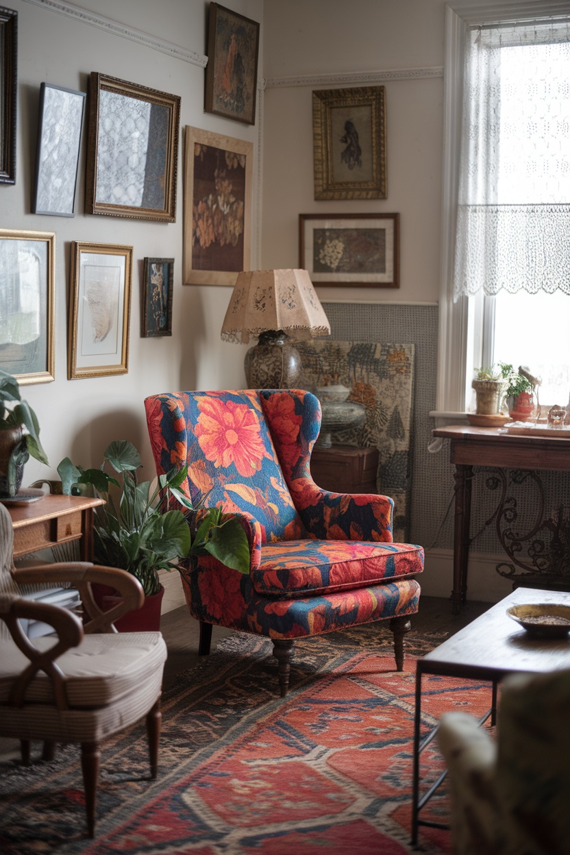 A bright floral upholstered chair in a vintage setting, surrounded by art and plants.