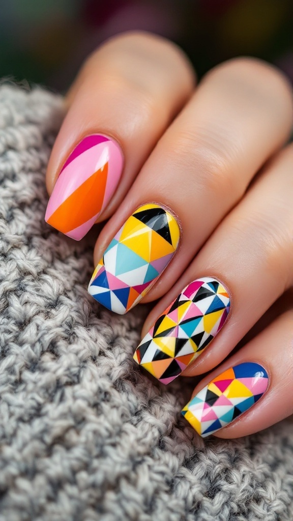 Colorful geometric nail art design with a variety of bright colors and patterns.