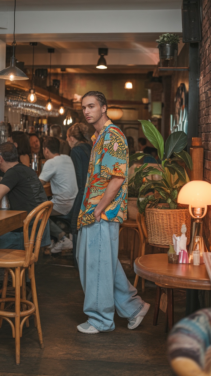 A man wearing a colorful patterned shirt and baggy jeans, standing in a lively bar.