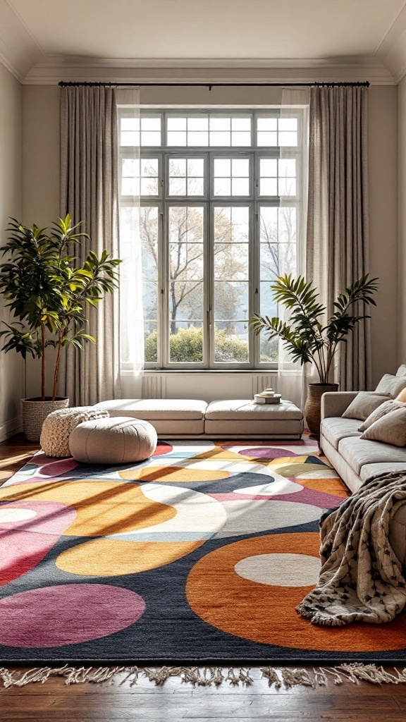 A vibrant, patterned rug in a maximalist living room with neutral furniture and plants.