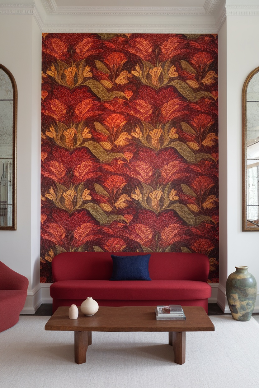 A living room featuring bold floral wallpaper in red and gold tones, with a red sofa and wooden coffee table.