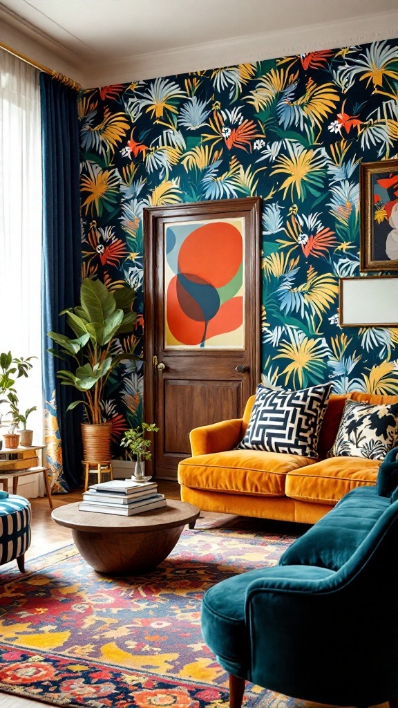 A vibrant maximalist living room featuring bold tropical wallpaper, a yellow sofa, teal armchair, and various plants.