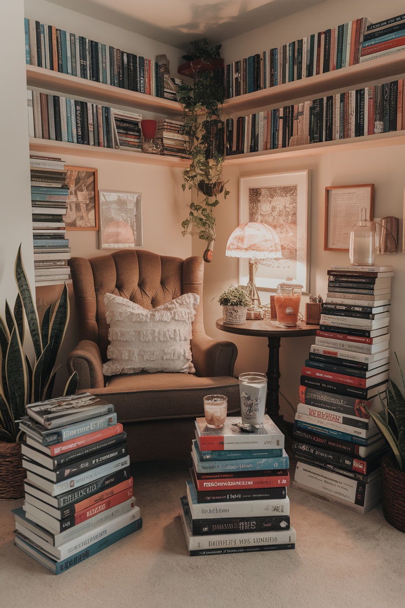 Cozy reading corner with bookshelves, an armchair, and snacks, perfect for a book club gathering.