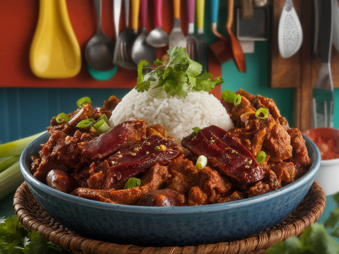 A bowl of Bopis with rice, garnished with cilantro and green onions.