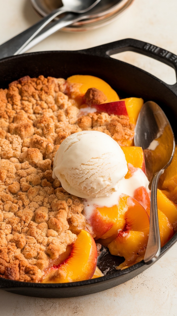 A delicious serving of bourbon peach cobbler with a scoop of vanilla ice cream.