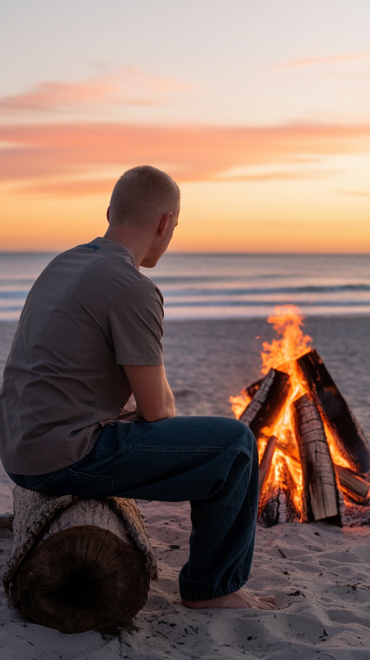 A person sitting by a beach fire during sunset, wearing baggy jeans and a casual shirt.