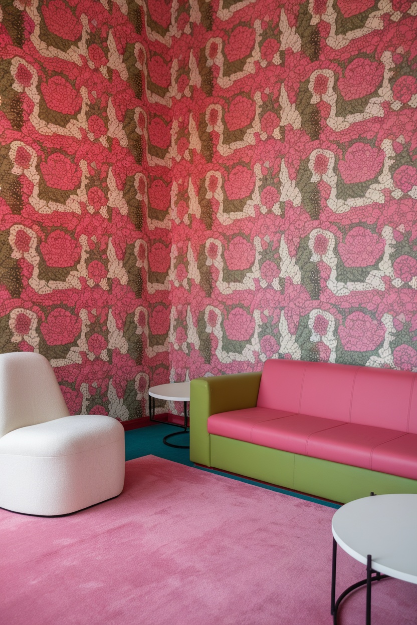 A room with bright pink floral wallpaper, a pink couch, green furniture, and a soft pink rug.