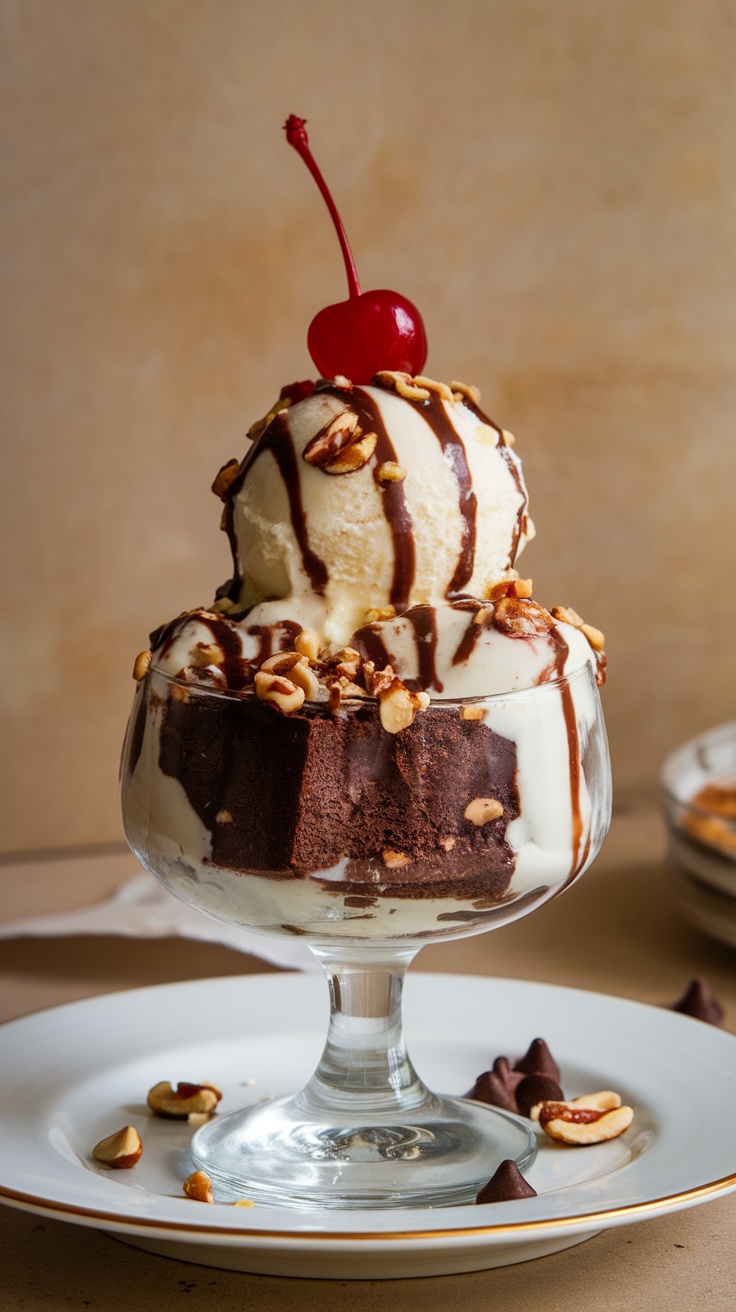 A delicious brownie sundae topped with nuts and a cherry