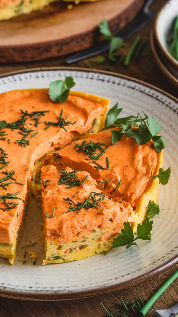 A slice of buffalo chicken dip frittata topped with fresh herbs