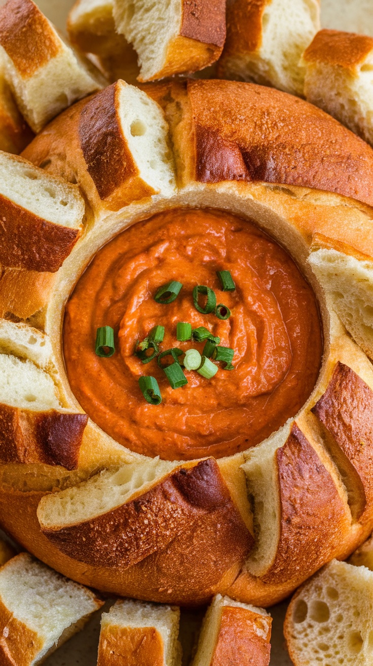 A bread bowl filled with buffalo chicken dip, garnished with green onions and surrounded by pieces of bread.