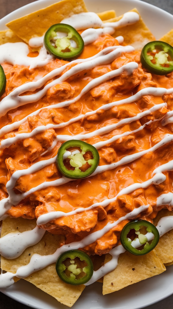 Buffalo Chicken Dip Nachos with jalapeño and ranch drizzle