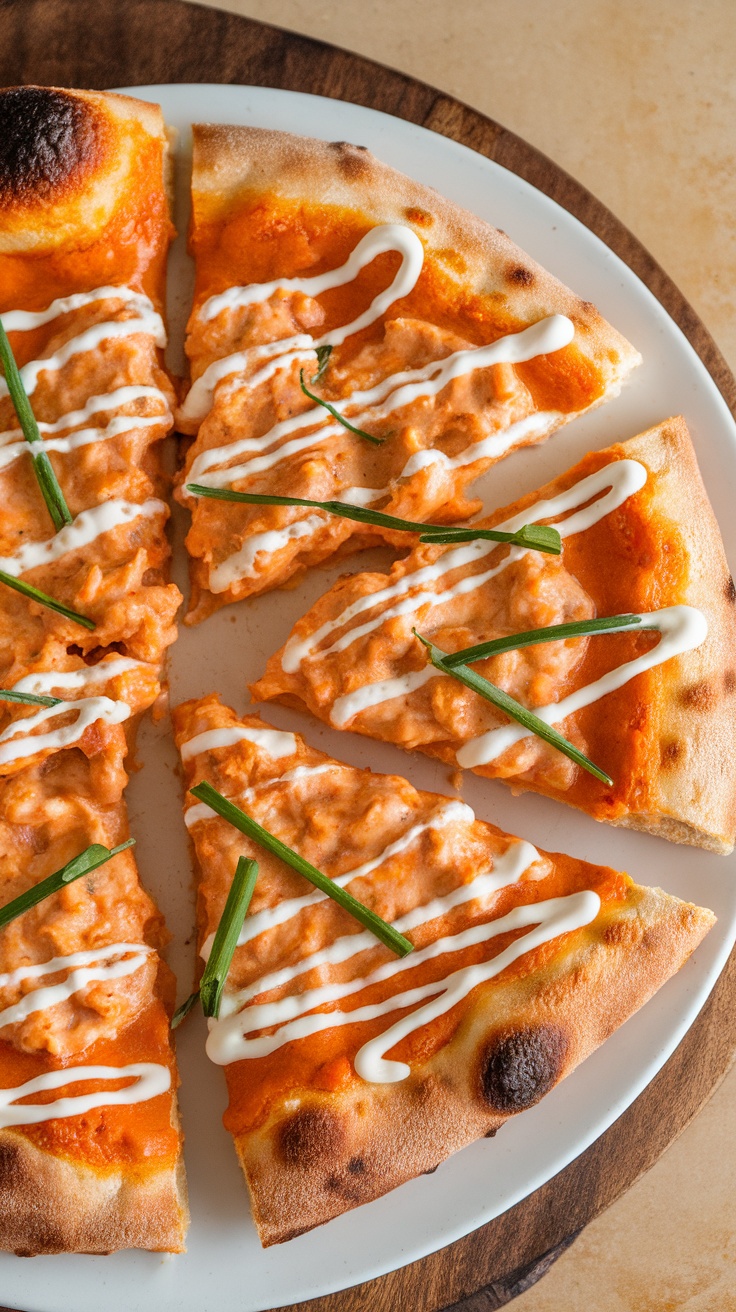 Slices of buffalo chicken dip pizza topped with ranch drizzle and green onions.