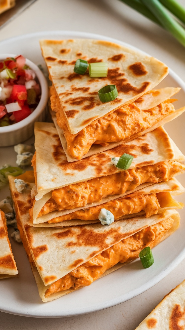 Plate of buffalo chicken dip quesadillas garnished with green onions