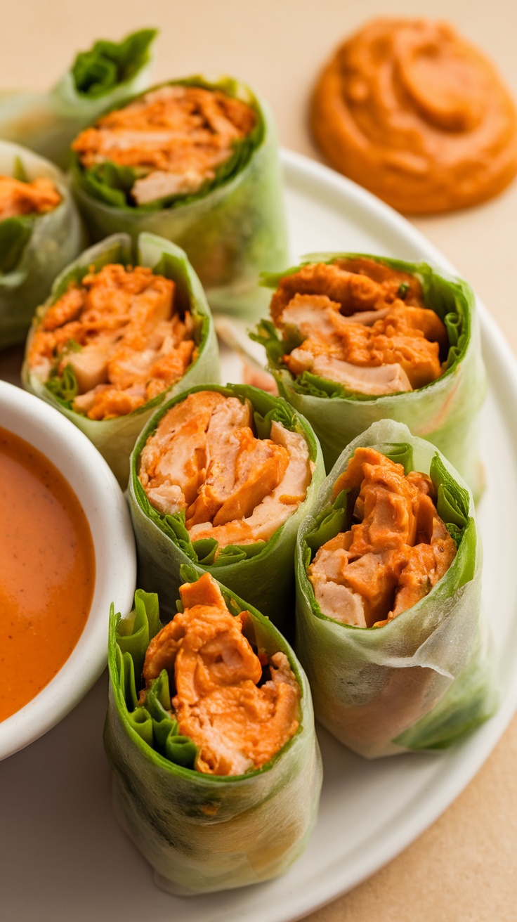 Buffalo chicken dip spring rolls on a plate with dipping sauce